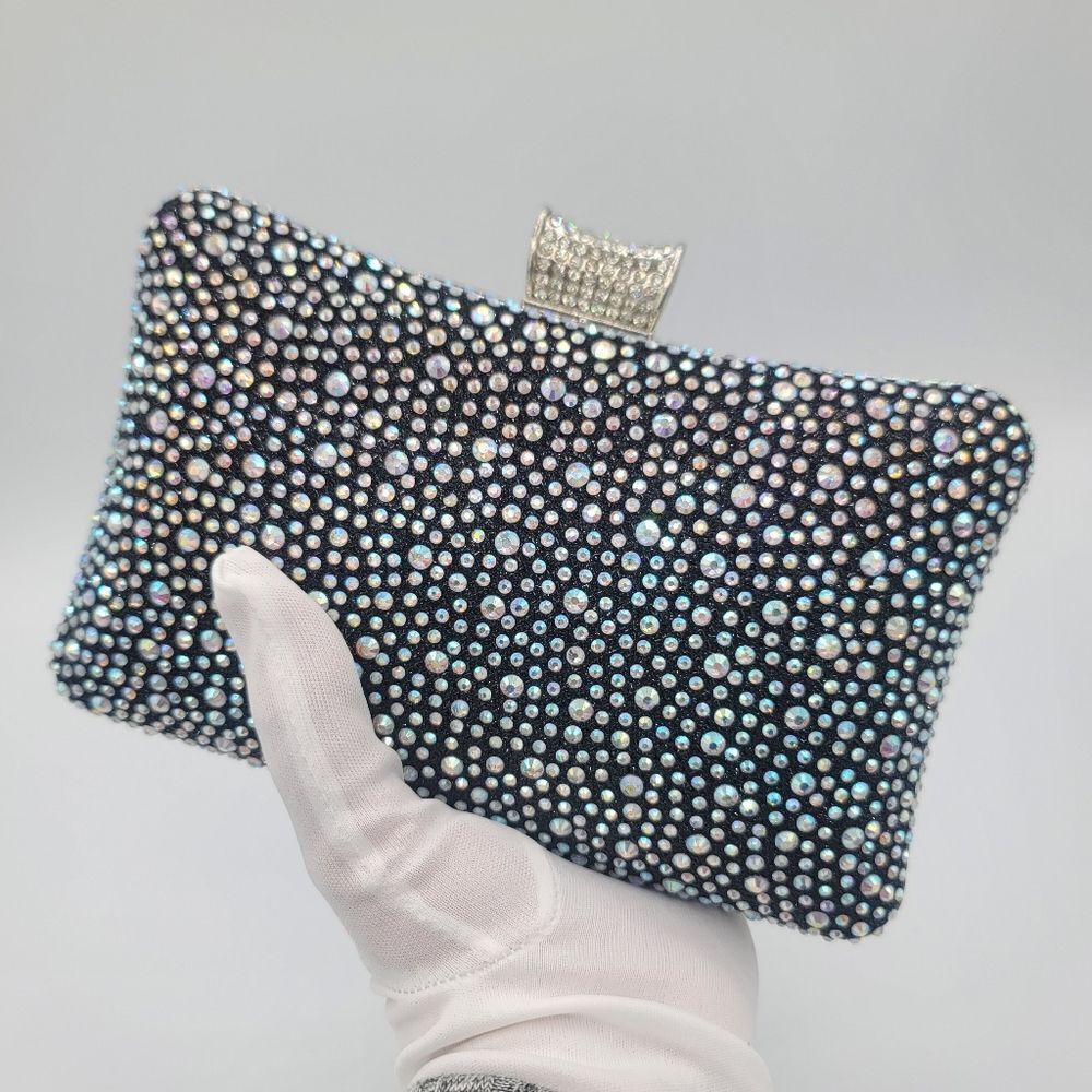 Black Clutch Bag Crystal Aurora Borealis Sparkle Silvertone Strap #551
